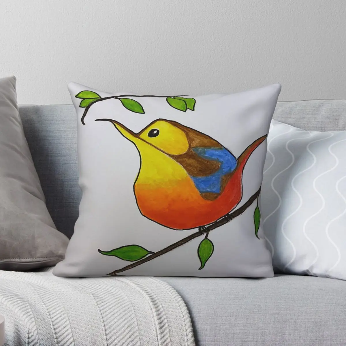 Bird Perched On A Branch Pillowcase Polyester Linen Velvet Creative Zip Decorative Room Cushion Cover