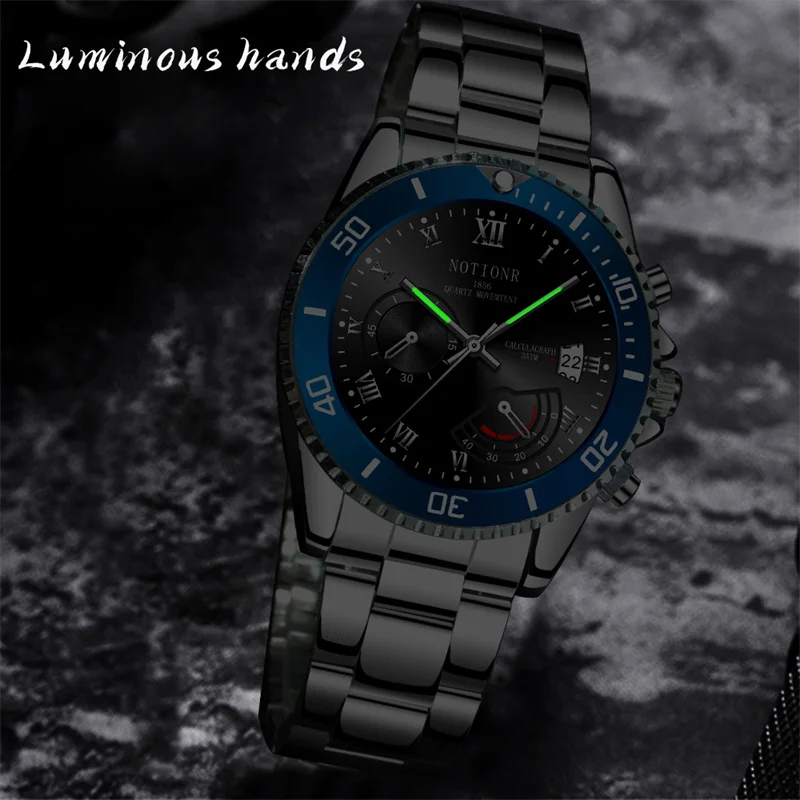 NOTIONR Fashion Mens Watches Men Black Calendar Quartz Wrist Watch Luxury Man Business Stainless Steel Watch reloj hombre