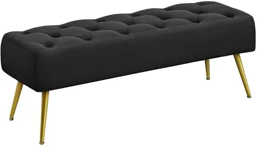 45in Velvet Ottoman Bench for Bedroom End of Bed, Black | Tufted Upholstered Bench Seat, Bed Bench with Tapered Gold