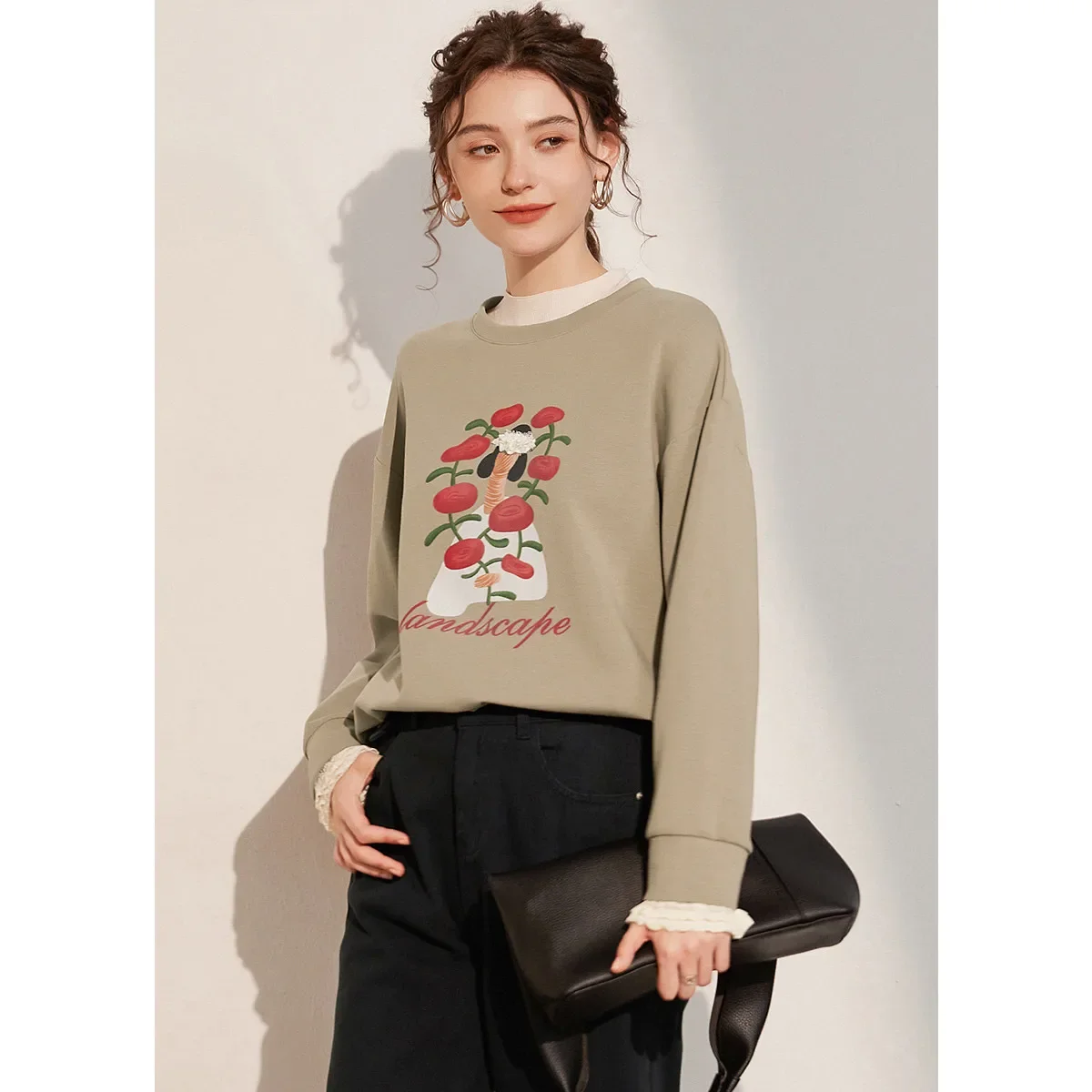 LOUIS YAO 2025 Autumn Round Neck Long Sleeve Spliced Lace Casual Fashion Micro Elastic Loose Printed Shoulder Women's Hoodie