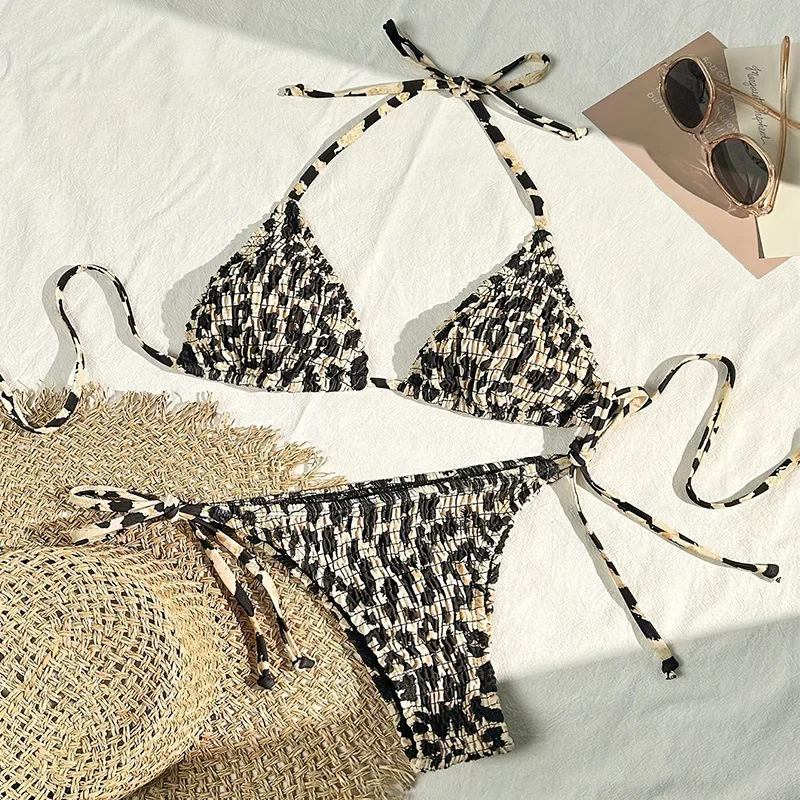 

sexy wrinkled leopard print bikinis sets two pieces halter tie micro string bikini swimwear bathing suit beach outfits biquini