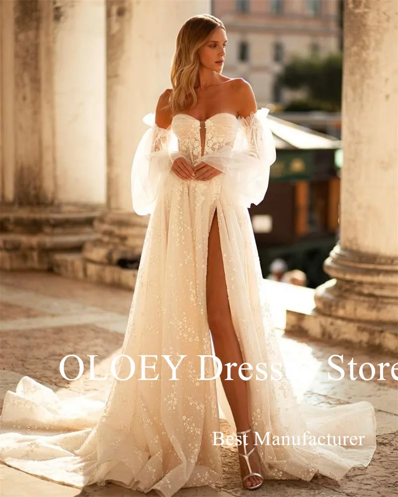 OLOEY Elegante Spitze Floral A-linie Brautkleider Boho Puff Lange Ärmel Schatz Split Brautkleider Vestidos de noiva Customiz