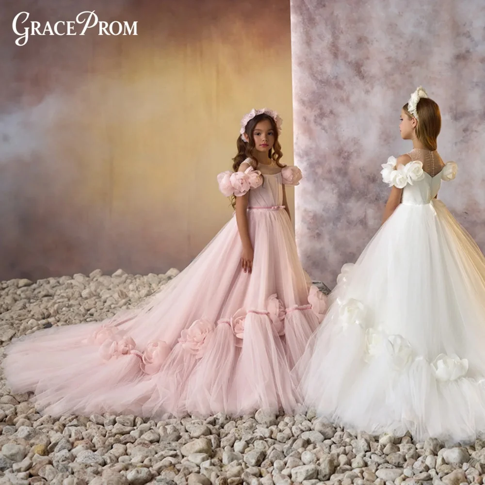 

Elegant Blush Pink Tulle Flower Girl Dress 2026 3D Floral Applique Puff Sleeve Train Kids Princess Wedding Pageant Formal Gown