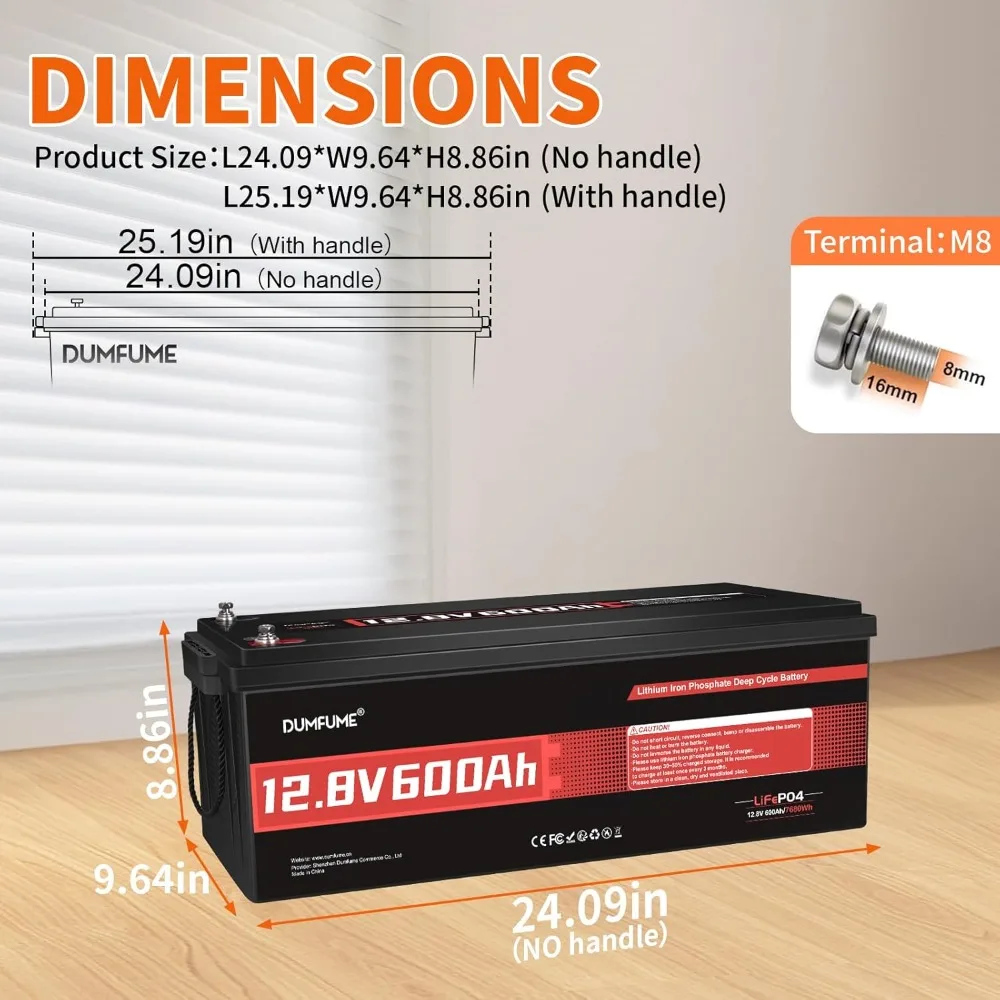 12V 600Ah LiFePO4 Battery Built-in 200A BMS 7680Wh 10000+ Deep Cycles for RV Solar Off Grid Home Storage, Custom