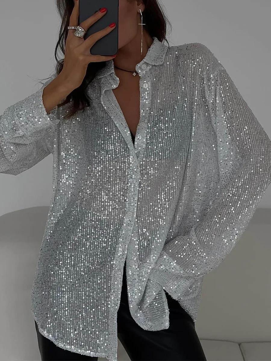 

"Women's Sparkly Sequined Long Sleeve Shirt Loose Fit Casual Blouse Collared Glittery Top Polyester Comfortable Fashion "