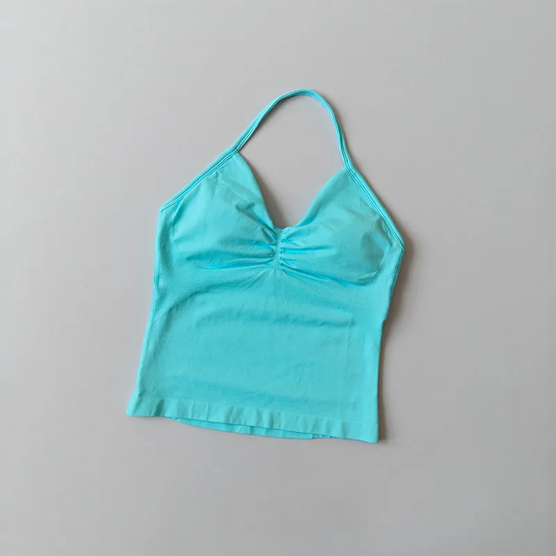Langes, trägerloses, nahtloses Yoga-Tanktop mit gerafftem Rücken, ärmelloses Fitness-Workout-Shirt mit integriertem BH für Damen – Detail 13