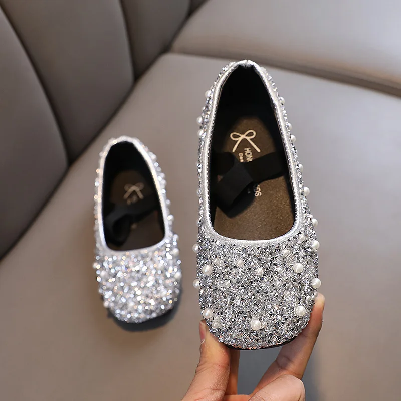 Children\'s Leather Shoes Spring Autumn New Shiny Rhinestone Girls\' Princess Shoes Fashion Flat Kids Single Shoes J140