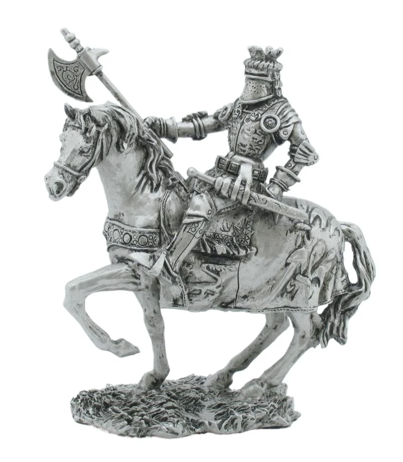 Resin Medieval Mounted Knight Statue Silver Textured Figure with Battle Axe and Side Sword Home Desktop Decorative Ornament Gift