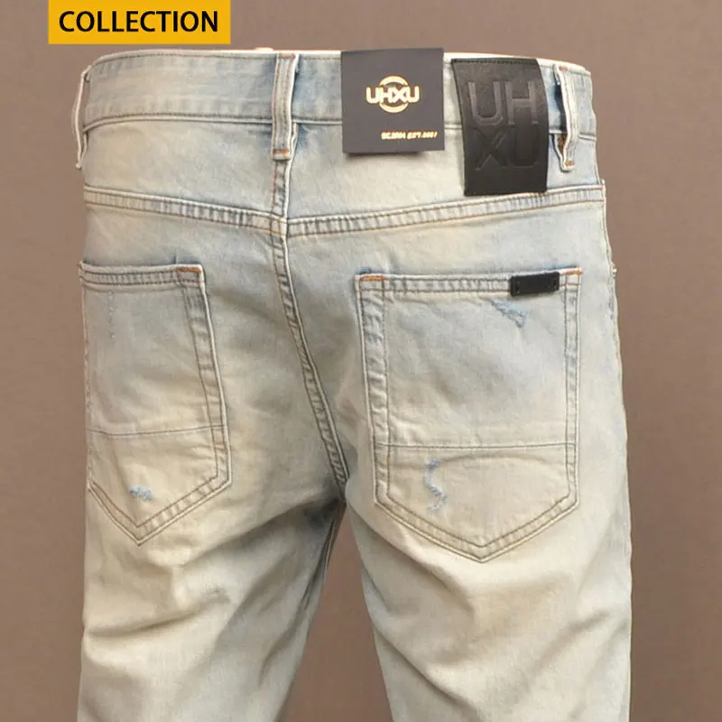 Streetwear Fashion Designer Men Jeans Retro Washed Light Blue Stretch Slim Fit Ripped Jeans Men Vintage Denim Pants Hombre