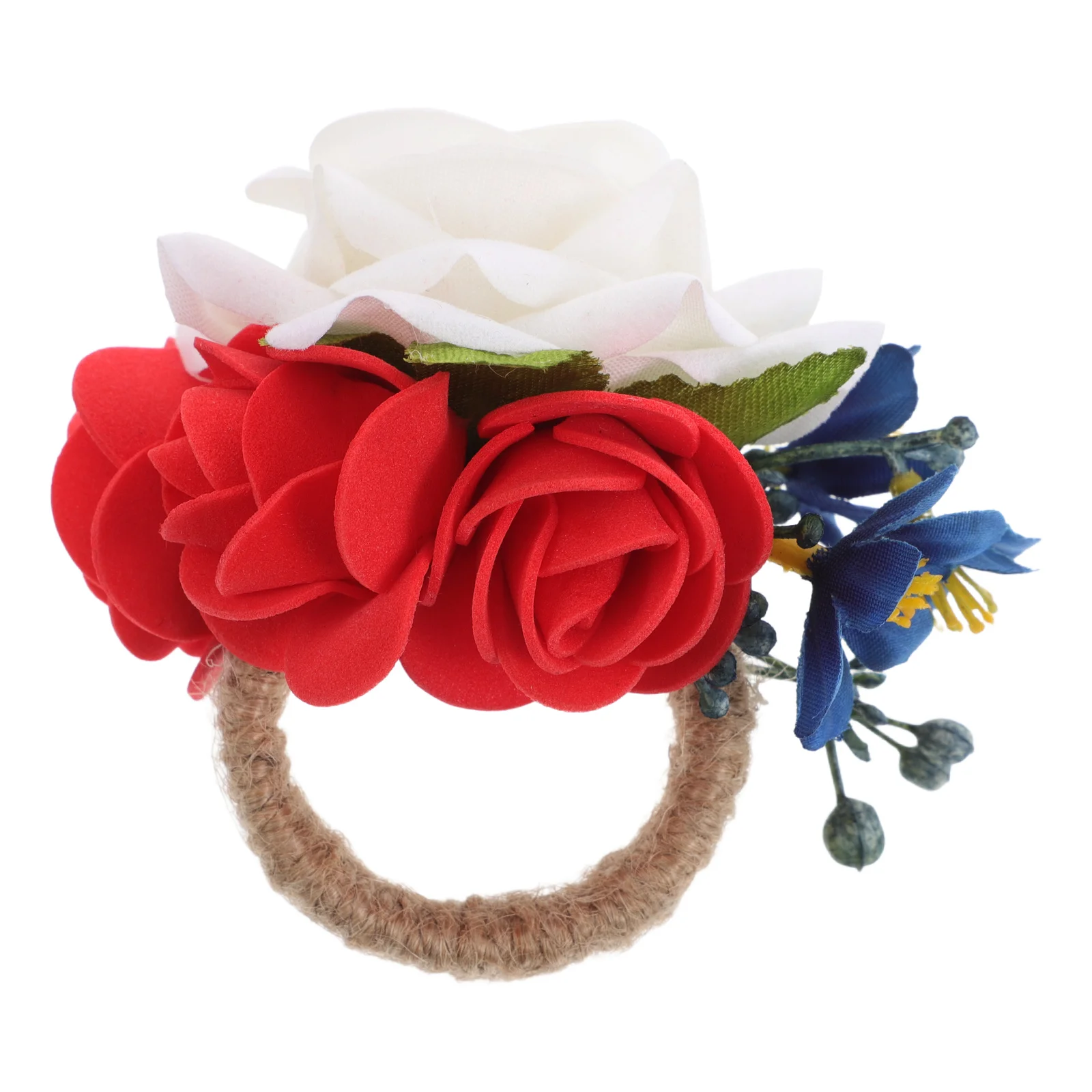 

Faux Flower Rings Independence Day Party Serviette Buckle Rustic Jute Napkin Holder Patriotic Table Decoration Floral