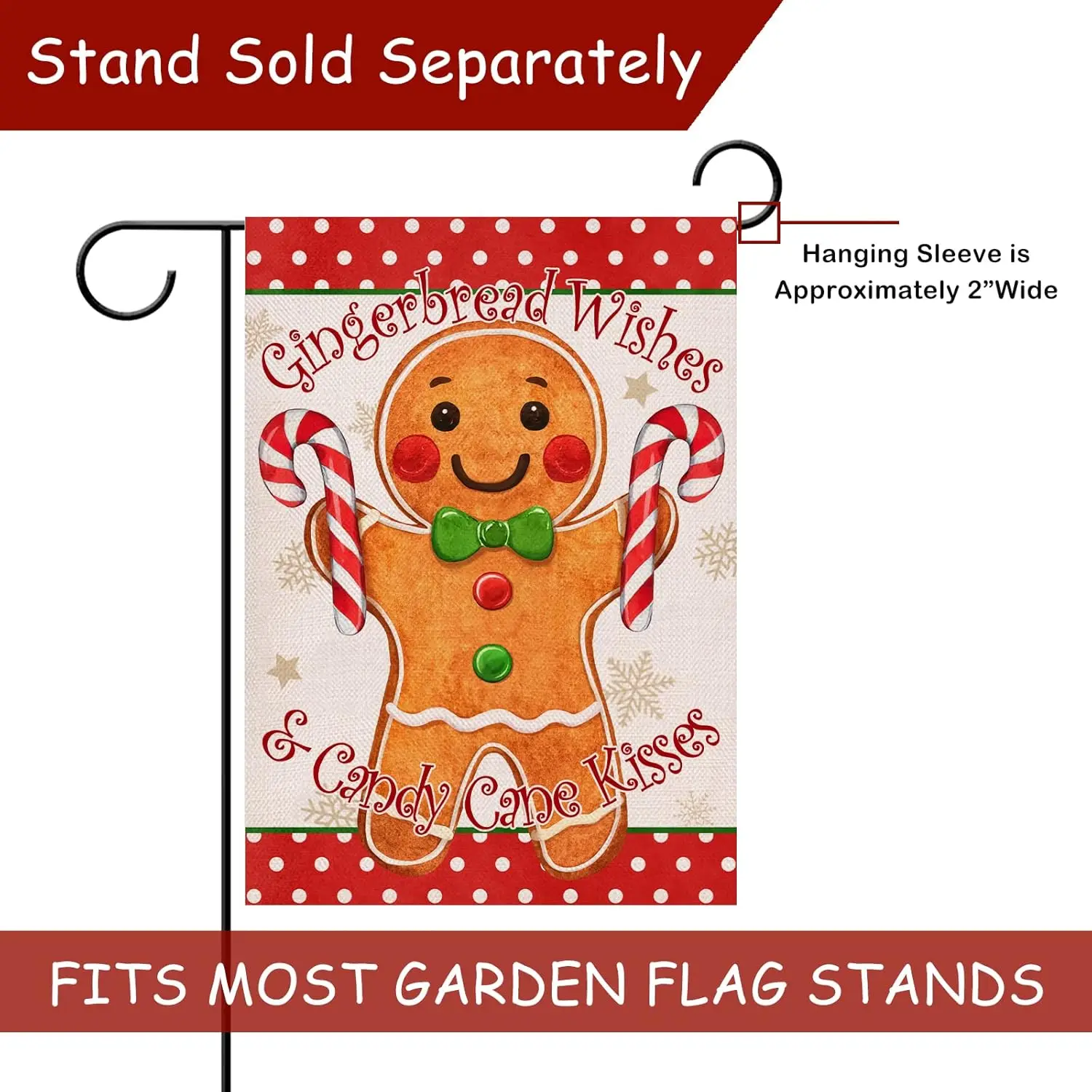 Selmad Christmas Gingerbread Wishes and Candy Cane Kisses Decorative Burlap Garden Flag, Xmas Home Yard Small Outdoor Decor, Win