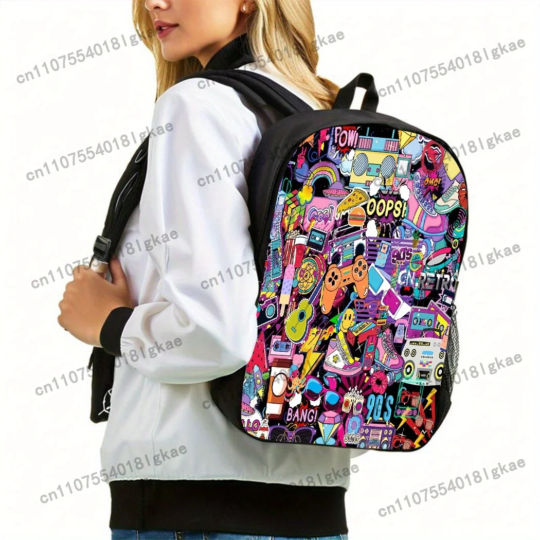 3pcs Art Graffiti Theme Unisex Backpack, Including School Bag, Pencil Case And Lunch Box. with Cool Handle Print, Large Capacity