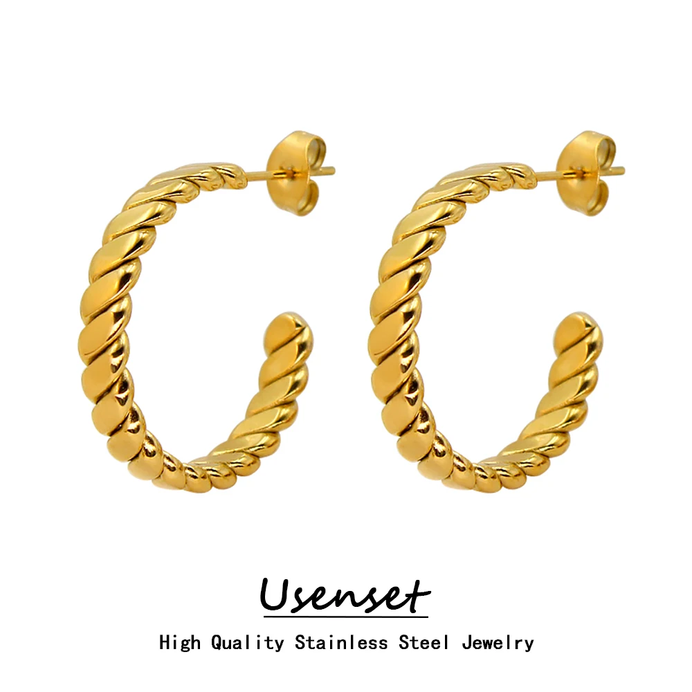 USENSET 4mm Flat Twisted C-Shaped Earrings High Quality 316L Stainless Steel Hoops Ear Bijoux Anti Allergic