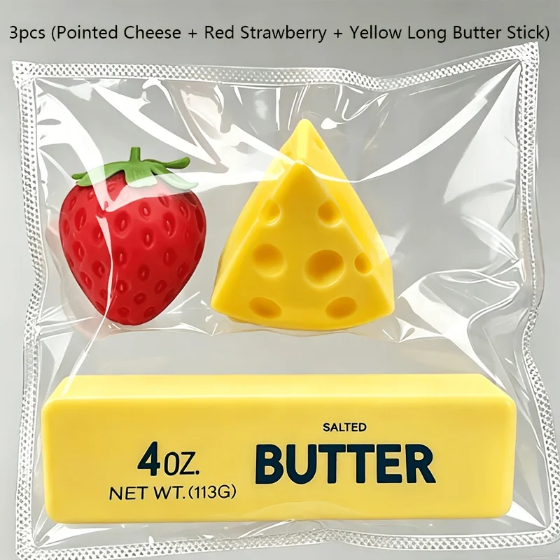 3Pcs Party Fidget Squishy Toy Set, Strawberry Cheese & Butter Squishies, Realistic Soft Sensory Squeeze Toys, Birthday Gifts & C