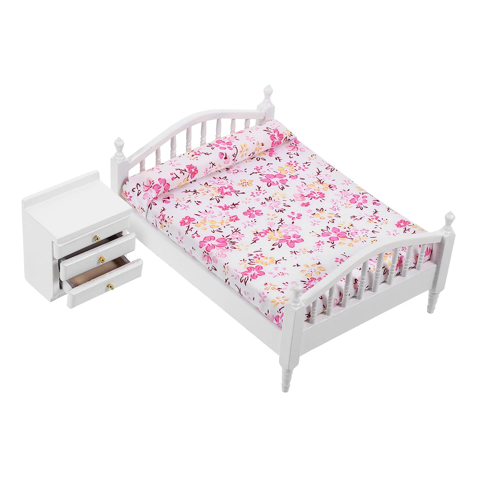 

House Bed Mini Model Furniture Small Floral Toy Room Wood 1/12 Scale Dollhouse