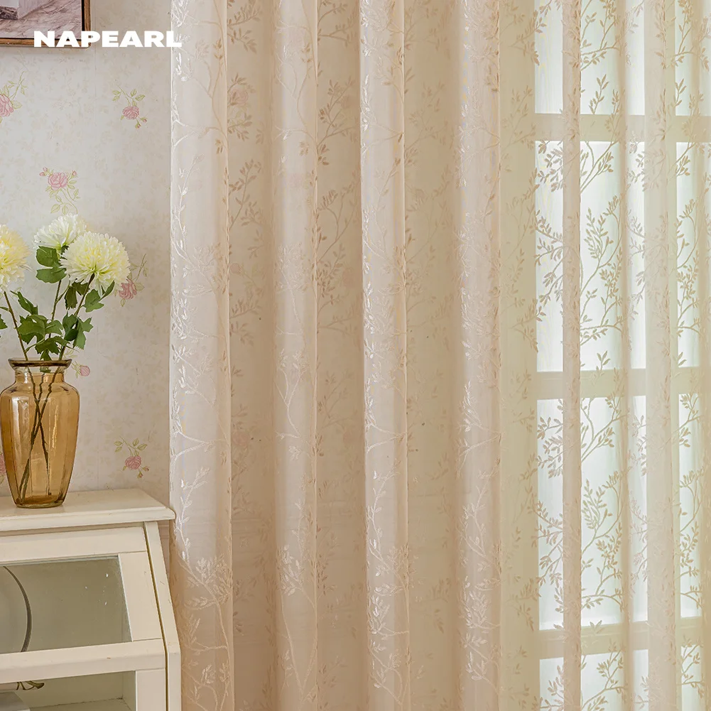 1PC Beige Jacquard Gauze Curtain for Living Room Balcony Flower Pattern Transparent Fabric French Rural Style Home Decoration