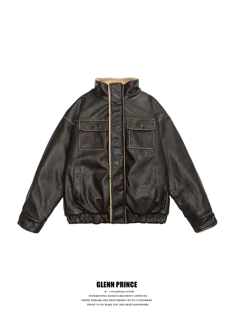 

GPstudio Thiened American Retro Winter Jaet Cotton Workwear Lamb Velvet Men's Outerwear Warm Youth Casual Polyester