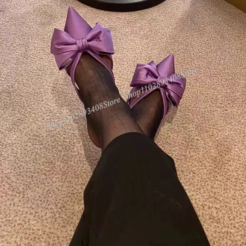 

Purple Silk Bowknot Decor Slippers Stiletto Pointed Toe Summer Sexy Design for Women Dress Party Slippers Zapatos Para Mujere