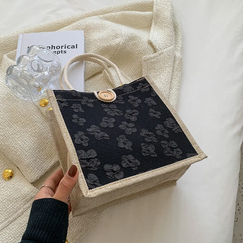 Large Capacity Linen Button Handbag Women Tote Grocery Bag Gift Bag Beach Organizer Portable Shopping Lunch Bag Fashion Handbag