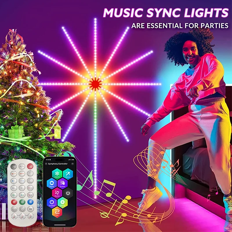 LED Fireworks Lights RGB Color Change Bluetooth APP Music Sound Control Remote Control Home Bedroom Outdoor Christmas Decoration