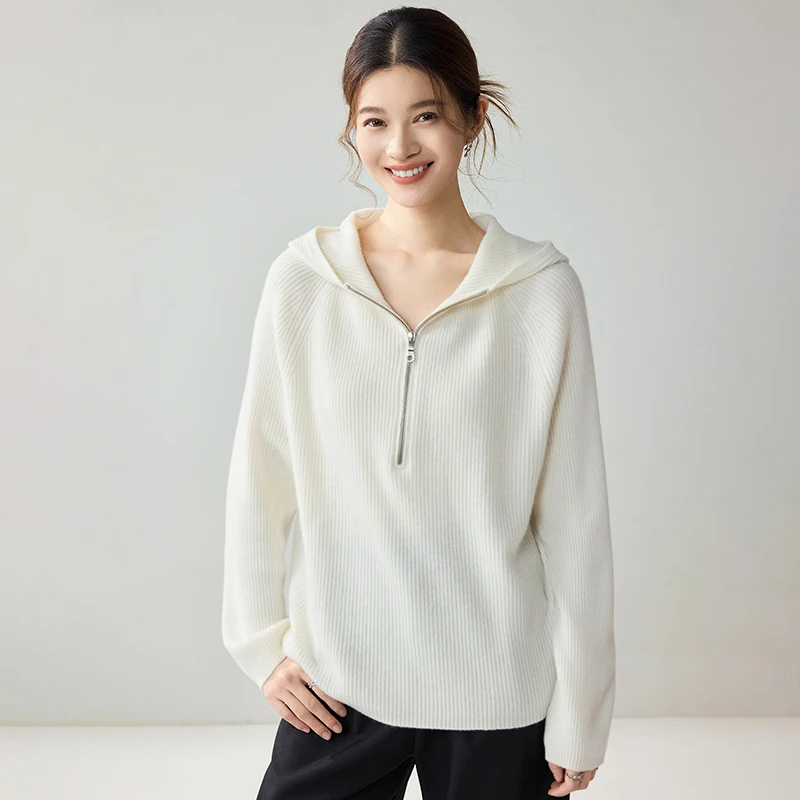 Women's 100% Cashmere Sweater Pullover Hooded Half‑Zip Placket All‑Over Vertical Ribbed Texture Soft Casual Daily Ready Knit Top