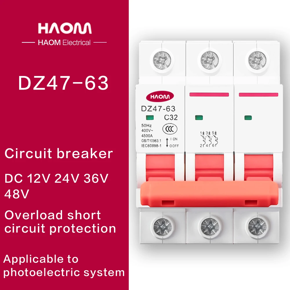 

HAOM 3P DC MCB Start Power Switch Protector Mini Circuit Breaker 6A 10A 16A 20A 25A 32A 40A 50A 63 Din Rail Air Miniature Switch