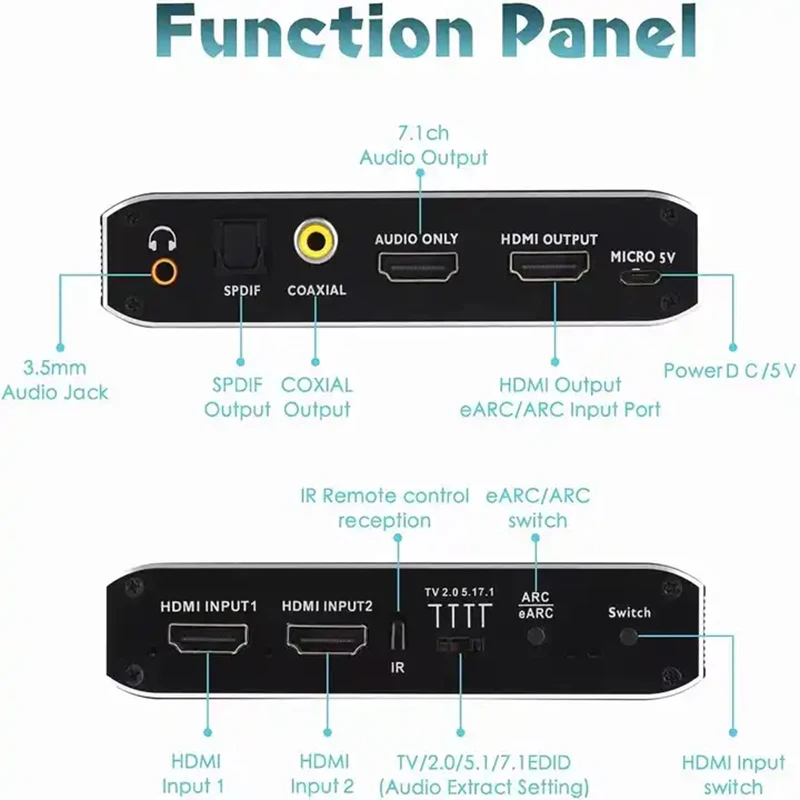 2x1 4K 120Hz HDMI Switch eARC Audio Extractor ARC Optical Toslink HDMI 2.0 Switch 4K 60Hz HDMI Switcher Remote for Apple TV PS4