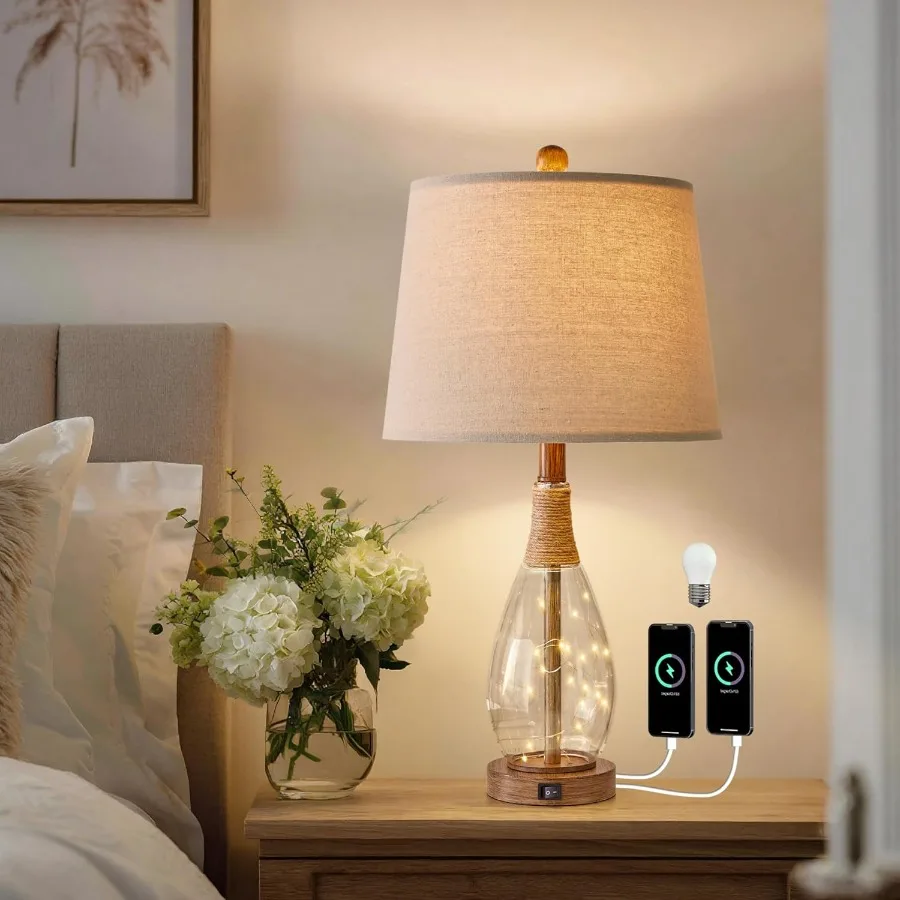 23인치 USB A+C 테이블 램프 침실 거실용 모던 침대 옆 램프 레트로 농가 스타일 라탄 유리 나이트스탠드 나이트라이트 램프