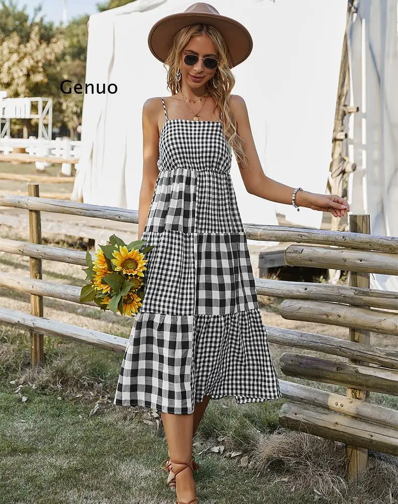 2022 sommer Neue Kleider für Frauen Plaid Reich Hohe Taille Fit und Flare Typ Sleeveless Cami Robe