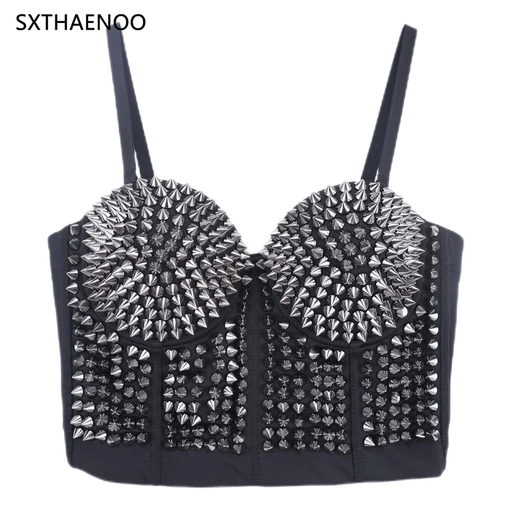 SXTHAENOO 2024 Women Fashion Rivet Corset Top Crop Bustier Bra Push Up Bodice Sexy Lingerie With Chest Pad Party Short Clothes