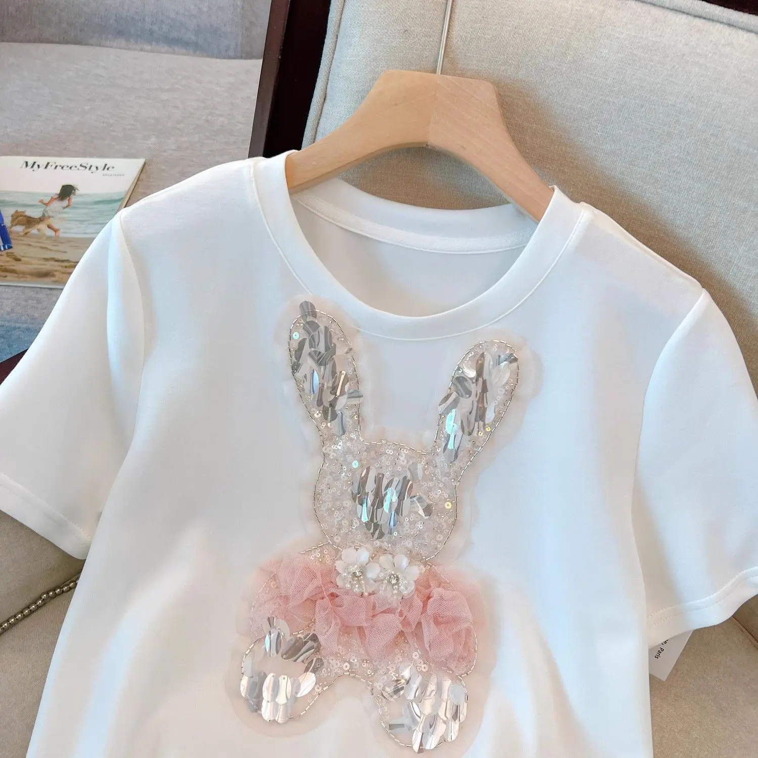 Sweet Pink Cotton T-shirt Heavy Handmade Diomand Shiny Bowknot Bear Cartoon Graphic T Shirt Summer Tees Top Accessories Clothes