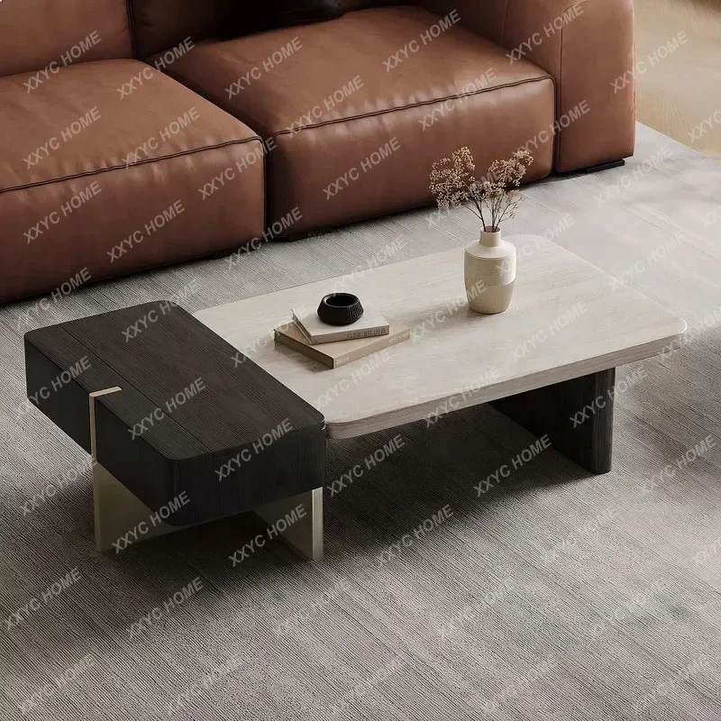 XX Luxury Travertine Nesting Coffee Table Set Mid-Century Rectangular For Small Living Room