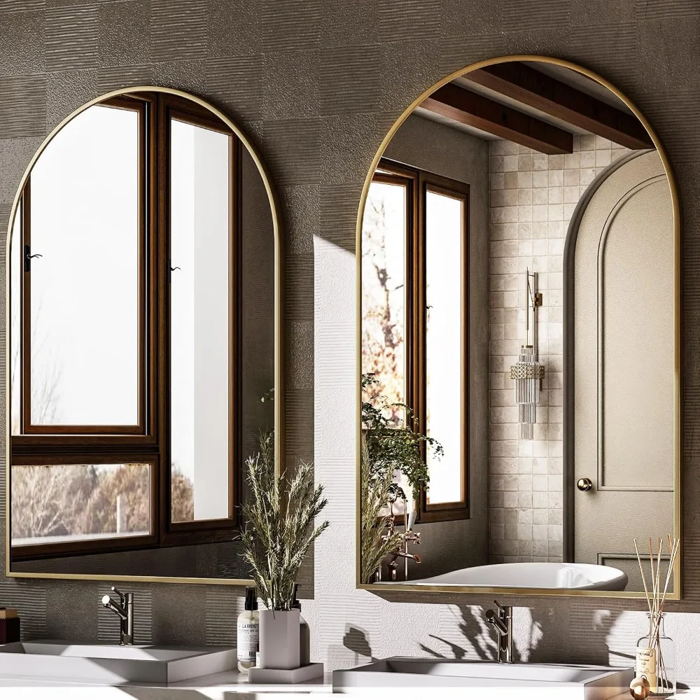 مرآة حائط مقوسة بإطار ذهبي مقاس 24 × 36 بوصة للحمام وغرفة النوم وغرفة المعيشة وديكور المنزل #5