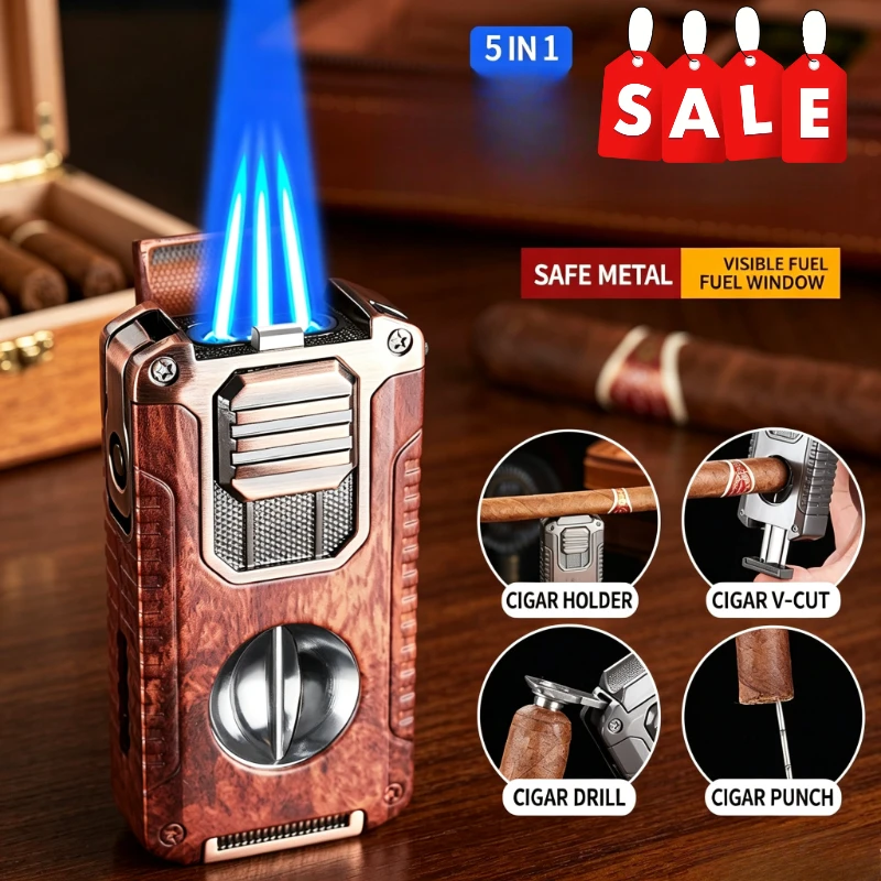 Triple Jet Torch Lighter with V-Shape Cigar Cutter & Cigar Cigarette Holder, Multi Tool for Camping Picnic, Smoking Accessory