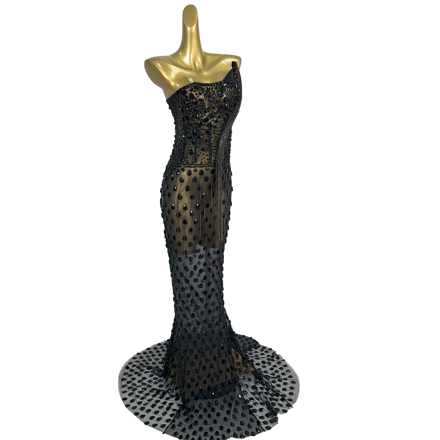 Heishe Luxury Women Evening Gown Sexy Black Mesh Diamond Strapless Trailing Dress Wedding Party Dress Birthday Cocktail Dress