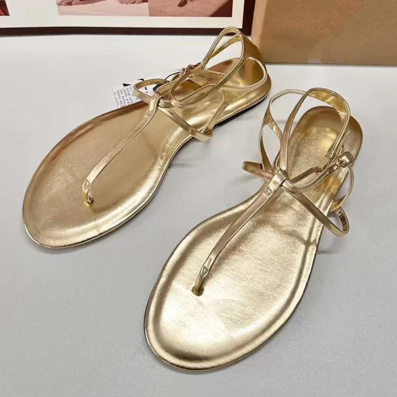 TRAF 2024 Female Gold Ankle Straps Flat Sandals Summer Round Head Open Toe Flat Shoes Women Sexy Beach Roman Sandal New