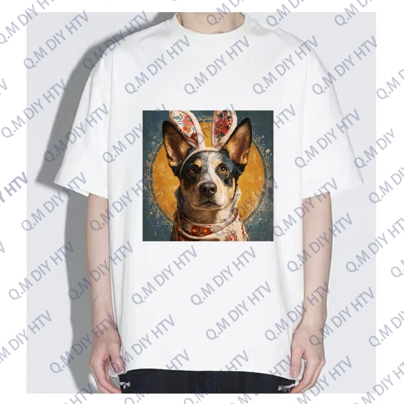 25cm&8cm Dog Wearing Rabbit Ear Headband Cute Animal Heat Transfer Sticker Oil Paint Art Sticker Clothing DIY Hot Press Sticker