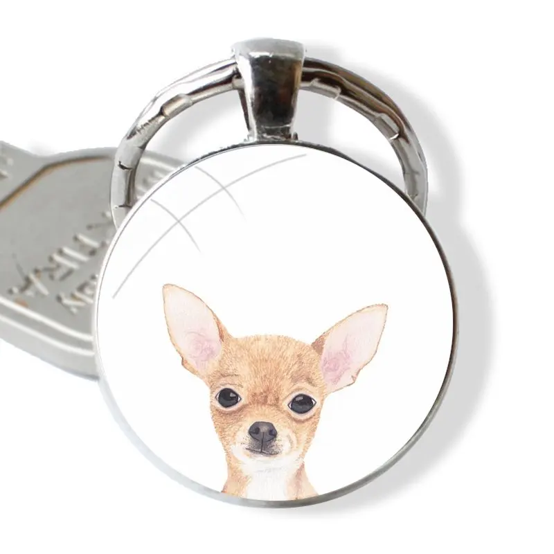 Keychain Handmade Glass Cabochon Key Ring Holder Pendant Key Chains Chihuahua