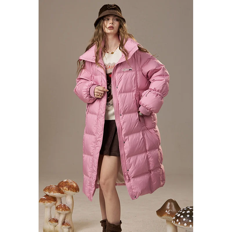 ELFSACK 2025 invierno nuevas llegadas Casual solapa cuello Bordado de letras suelta ajuste largo abajo abrigo para mujer