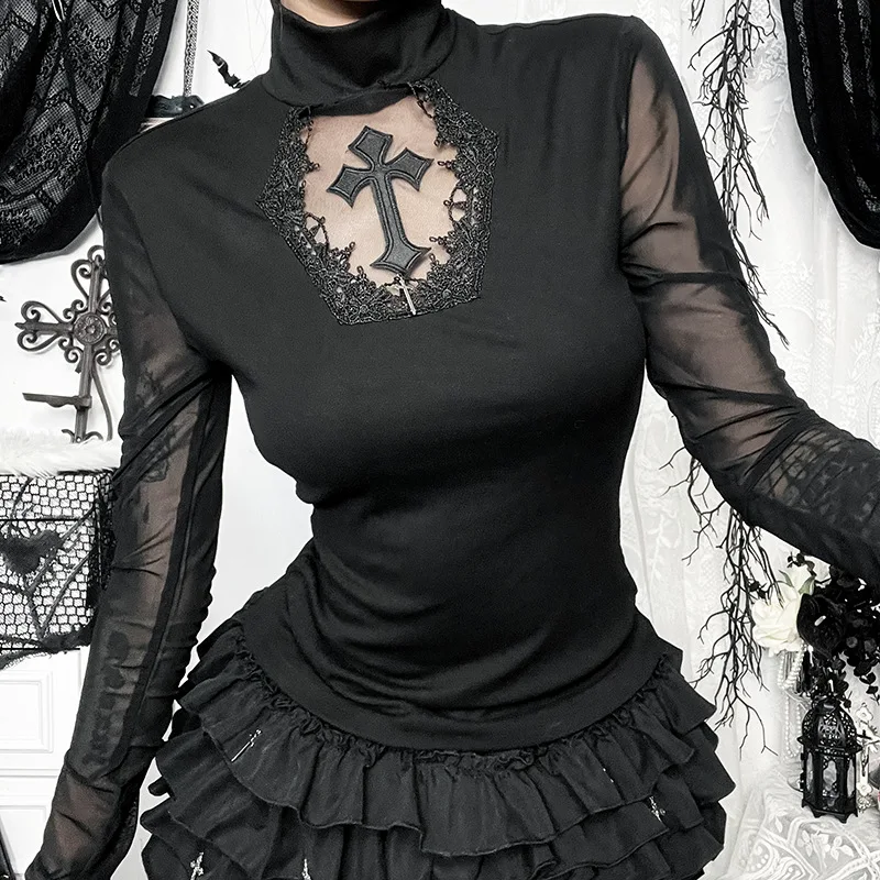

2000s Sexy Woman Y2k Clothing Goth T-shirt Dark Style High Street Casual Versatile Mesh Vintage Long-sleeved Cross Tops E-girl