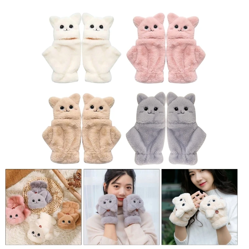 Lovely Plush Kitten Gloves Women Flip Half Finger Gloves Student Girls Winter Warm Thick Faux Fur Mittens for School Office Home