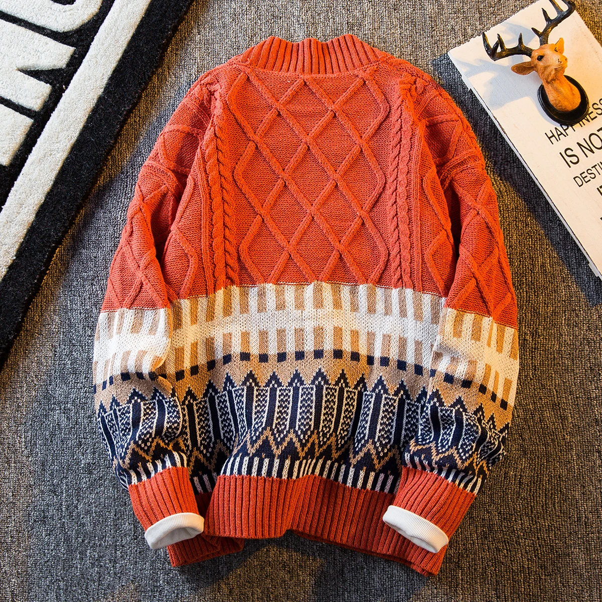 Men's Japanese Vintage Argyle Paneled Sweater Knit Cardigan Ethnic style Oversized V-Neck Edgy Streetwear Loose Knitted Coat view 3