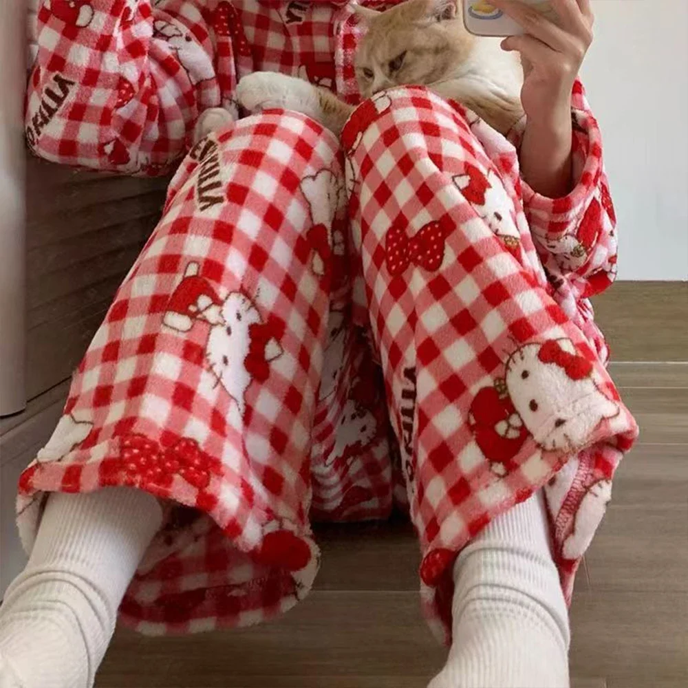 Cartoon Sanrioed Hello Kitty Plush Pajama Pants Women Flannel Trousers Anime Kawaii Cotton Winter Keep Warm Thicken Home Pants