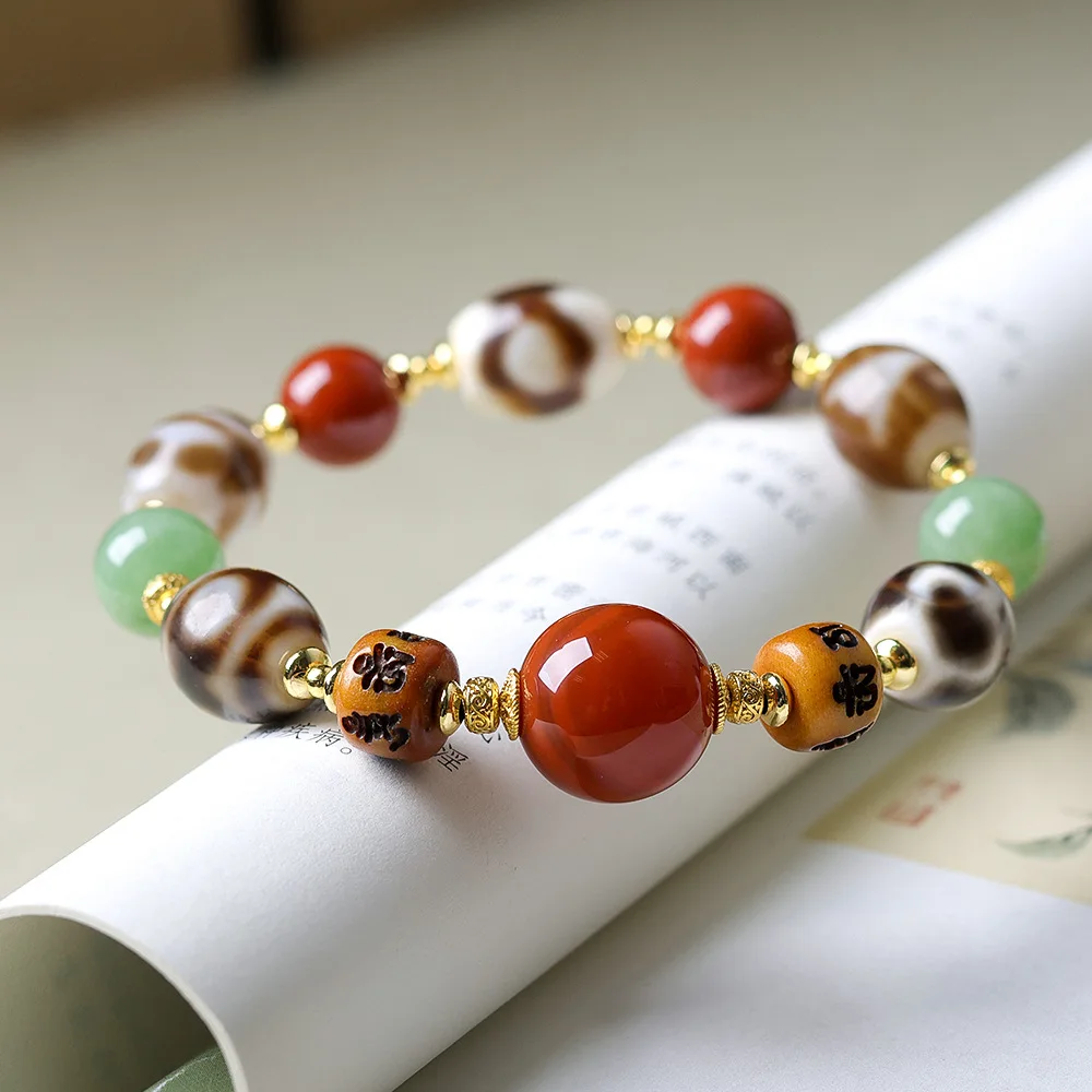 Tibetan Multi-Precious Dzi Bead Bracelet Cultural Games Bones Southern Red Agate Inviting Wealth and Rich Flowers Strings