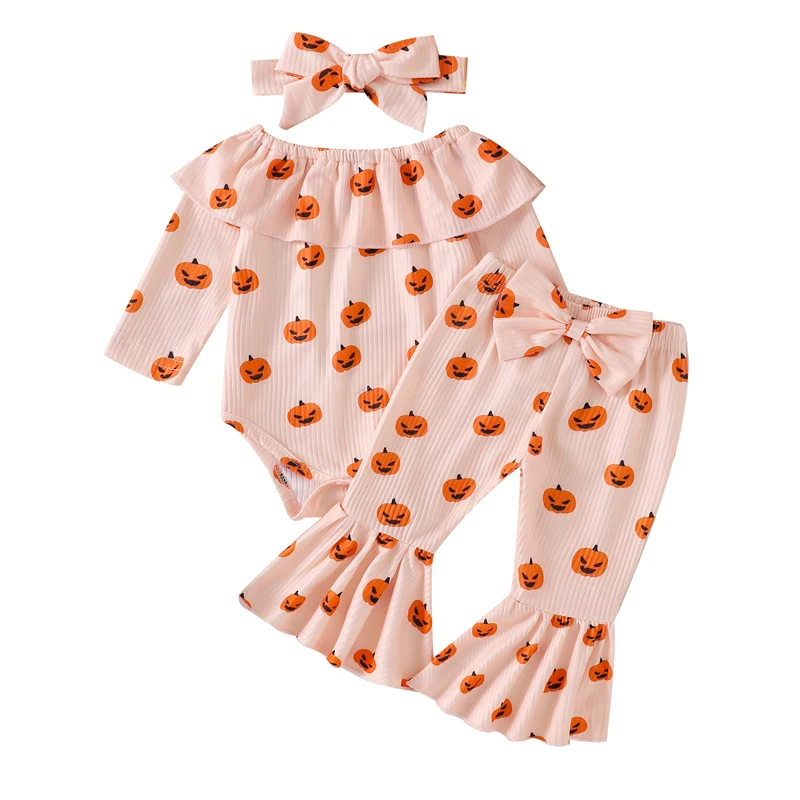 

Baby Girl Halloween Outfits Pumpkin Santa Print Ruffles Off Shoulder Long Sleeve Romper Flare Pants Headband 3Pcs Clothes Set