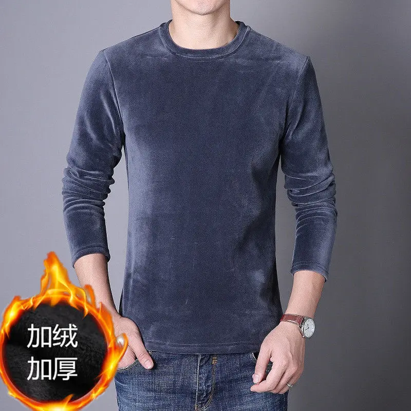 2023 New Men's Clothing Autumn Winter Thick Crew Neck Long Sleeve Slim Casual Fashion Business Solid Color All-match Tops