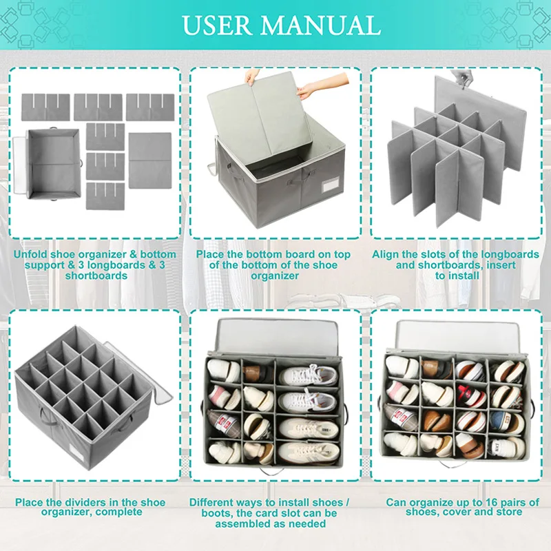 Wardrobe Shoes Storage Rack 16 Pairs of Shoes Large Capacity Storage Container Foldable with Reinforced Handle