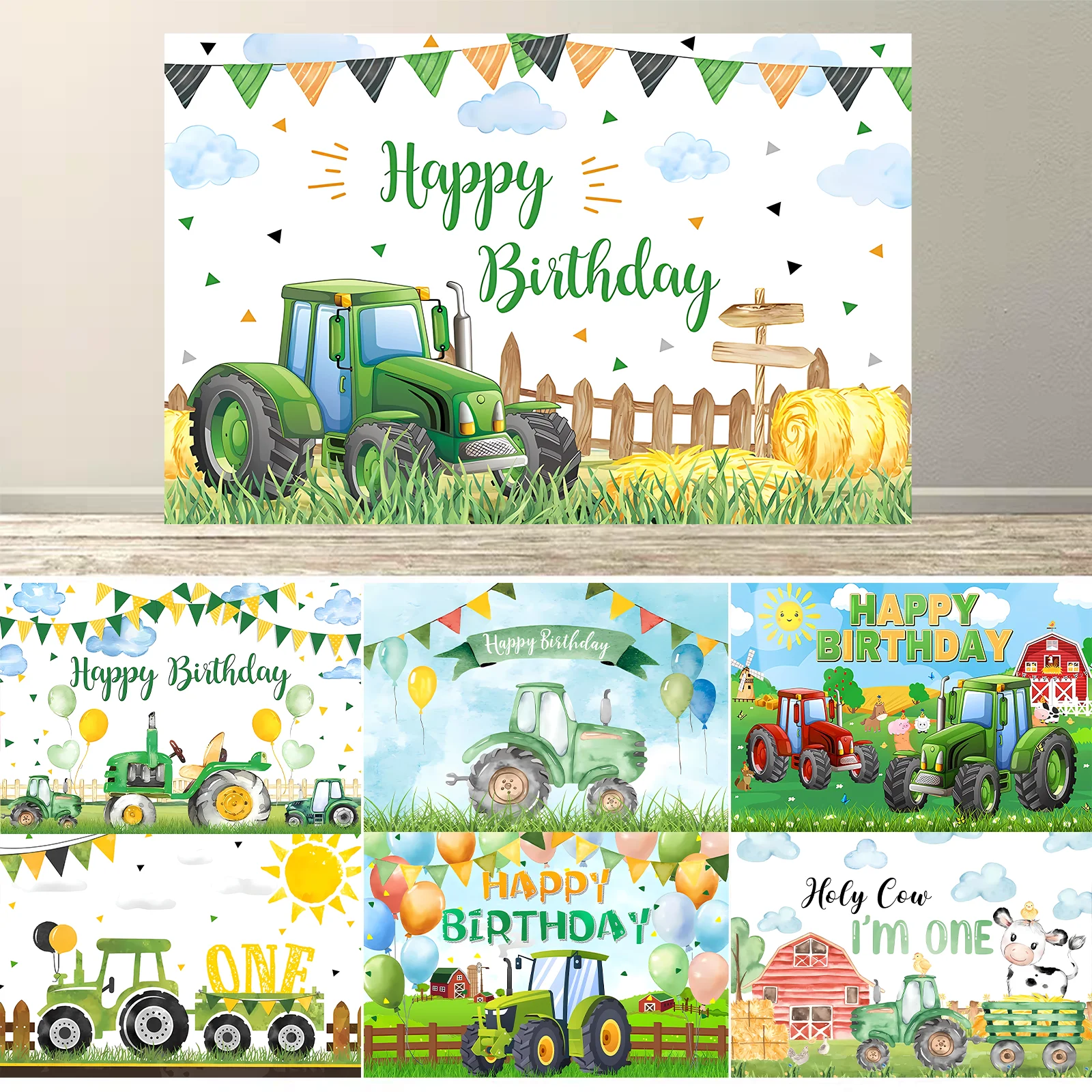 

Cartoon Green Tractor Truck Grass Farm Boys Gift Birthday Party Banner Backdrop Custom Kids Room Photo Poster Decor Background