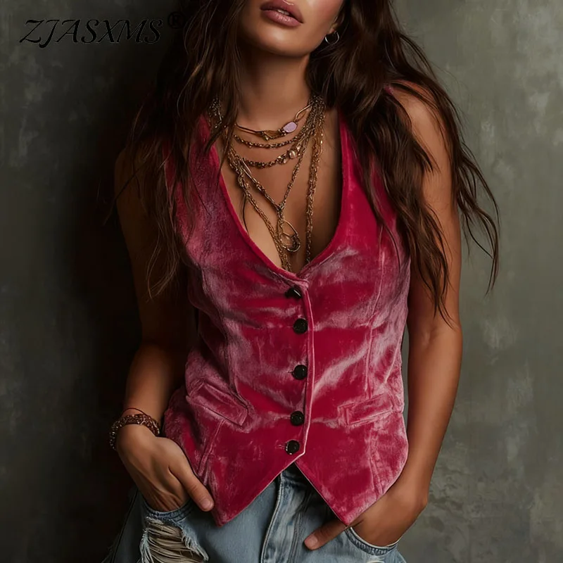 

Trendy Woman Clothes Elegant Single Breasted Sleeveless Vest Jacket Sexy V Neck Solid Velvet Blazer Coat Autumn Winter Cardigans