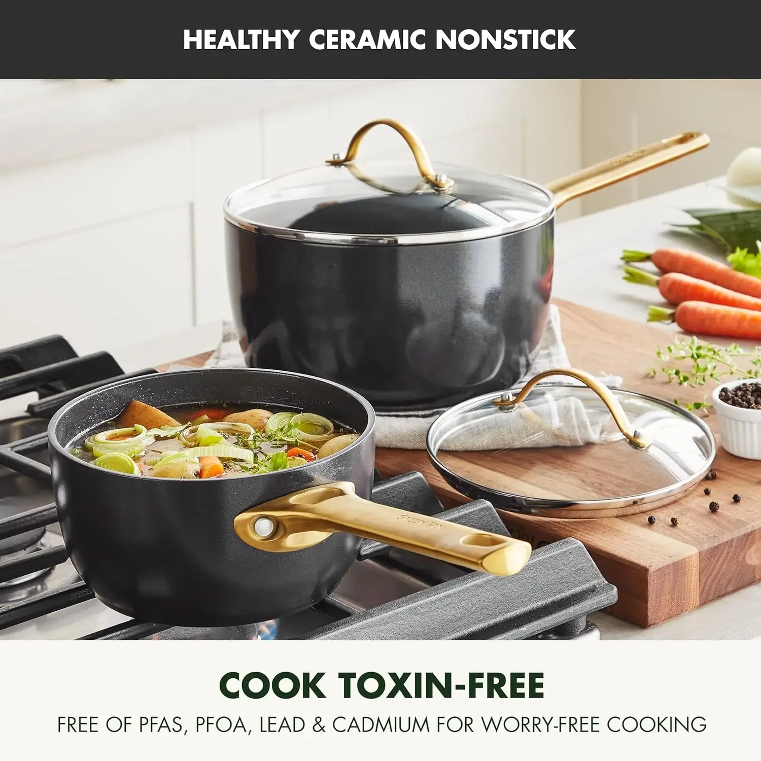 GreenPan Reserve Hard Anodized Healthy Ceramic Nonstick, 1.5QT and 3QT Saucepan Pot Set with Lids, Gold Handle, PFAS-Free